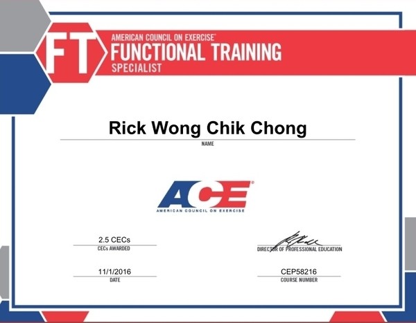 Photo of Rick Wong's Functional Training Specialist certificate.