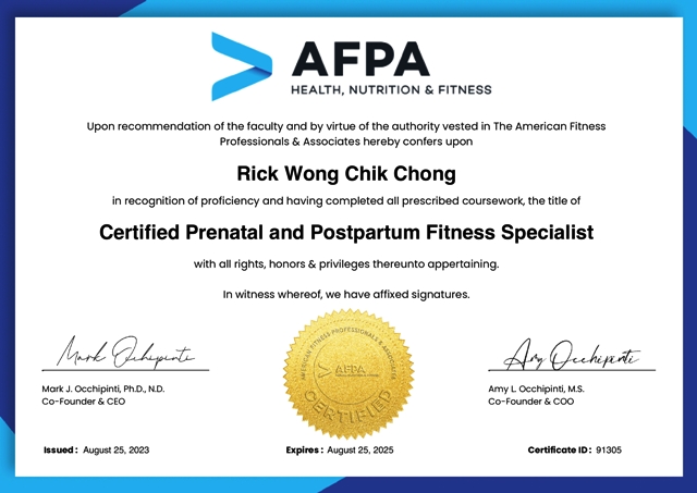 Image of Rick Wong's Pre-Post Natal Fitness Specialist Certificate.