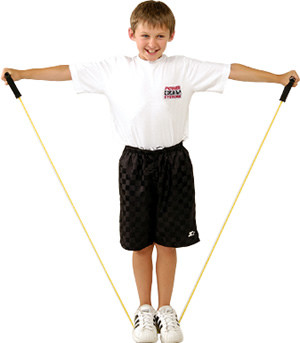 Image of a young boy exercising with resistance tubings