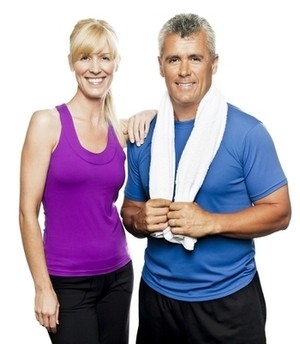 Image of a middle-aged couple after a workout session.