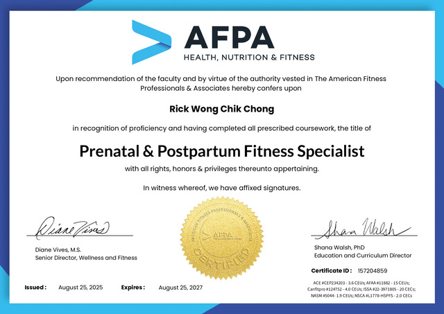 Image of Rick Wong's Pre-Post Natal Fitness Specialist Certificate.