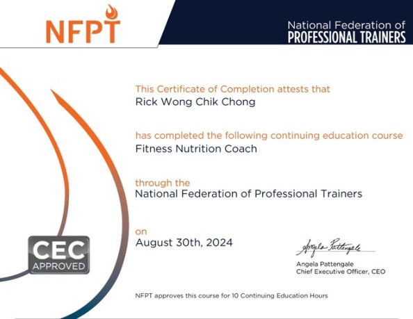 Image of Rick Wong's fitness nutrition coach certificate.