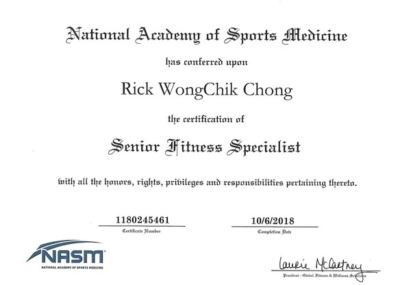 Photo image of Rick Wong's Senior/Older Adult Fitness Certificate.