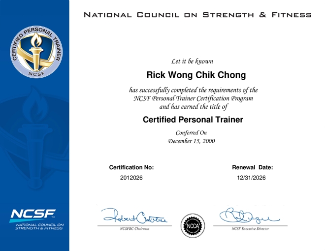 Image of Rick Wong's NCSF Personal Trainer Certificate.