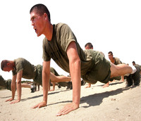 Picture of army recruits performing physical fitness training.