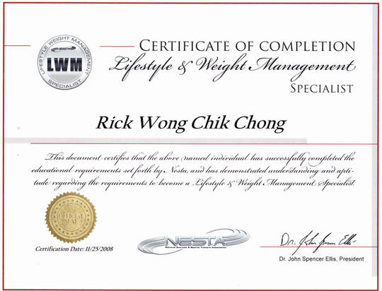 Photo of Rick Wong's Lifestyle and Weight Management Specialist Certificate