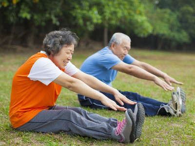 Image of an elderly couple doing stretches together.